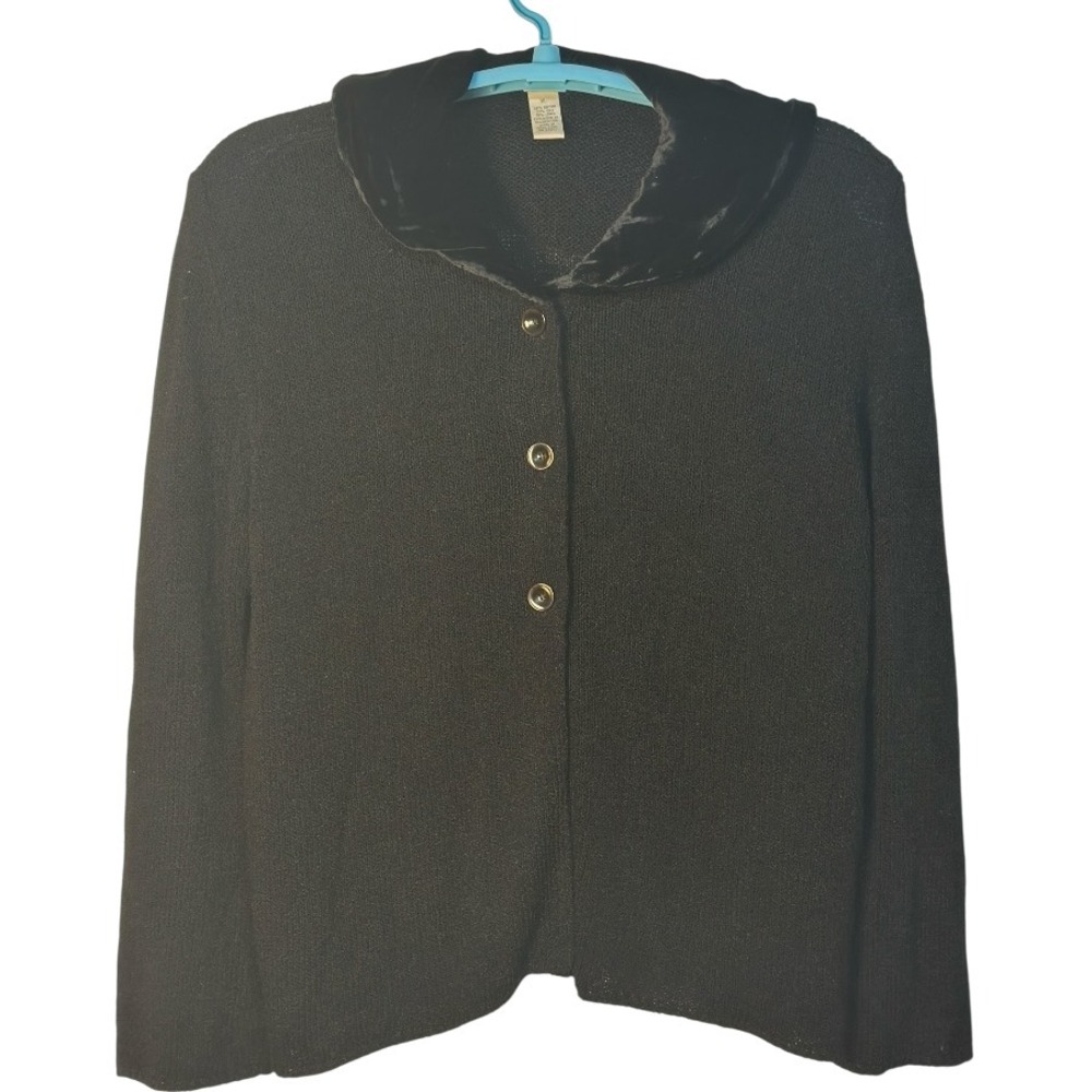J Jill Knit Cardigan Velvet Collar Rayon Silk Linen Blend Button‎ Front Black XL